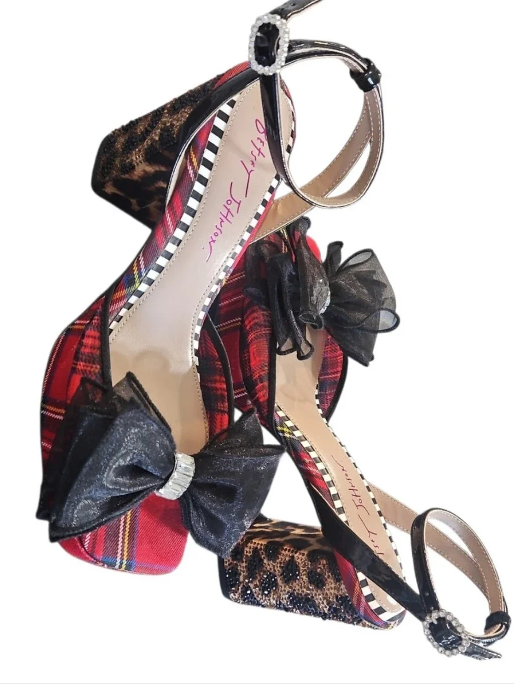 Betsey Johnson Palloma Red Plaid Platform Bow Dress Sandals Sz 9 Leopard Heel - Picture 5 of 12